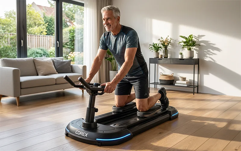 A confident 60-year-old man using the COREX trainer in a clean modern home